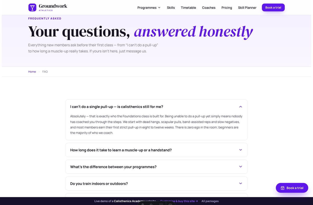 FAQ page on the Groundwork demo — an accordion answering common questions about beginners, skill timelines, classes and pricing