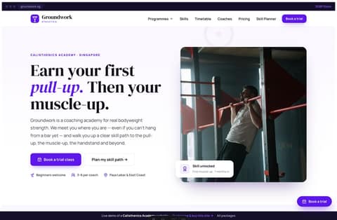 Groundwork calisthenics academy Singapore website homepage demo — a serif headline hero, purple accents and a visual skill-tree progression block