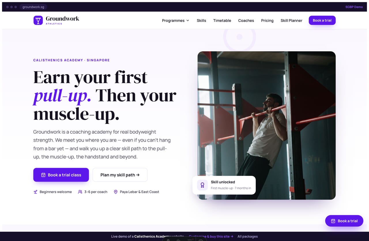 Groundwork calisthenics academy Singapore website homepage demo — a serif headline hero, purple accents and a visual skill-tree progression block