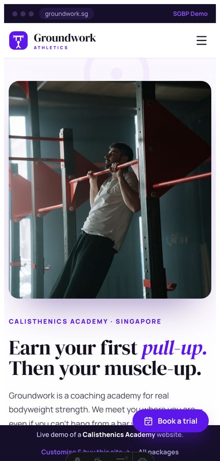 The Groundwork calisthenics-academy website on mobile — serif hero and a sticky purple Book-a-trial button at 430px