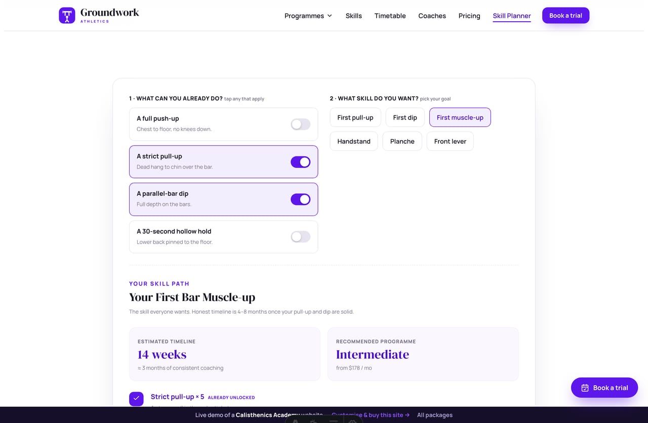 Skill Path Planner result on a calisthenics academy site — an ordered milestone path, an estimated timeline in weeks and a recommended programme & price