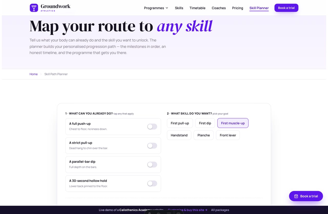 The interactive Skill Path Planner on the Groundwork demo — toggle what you can do and pick a goal skill for a personalised progression path