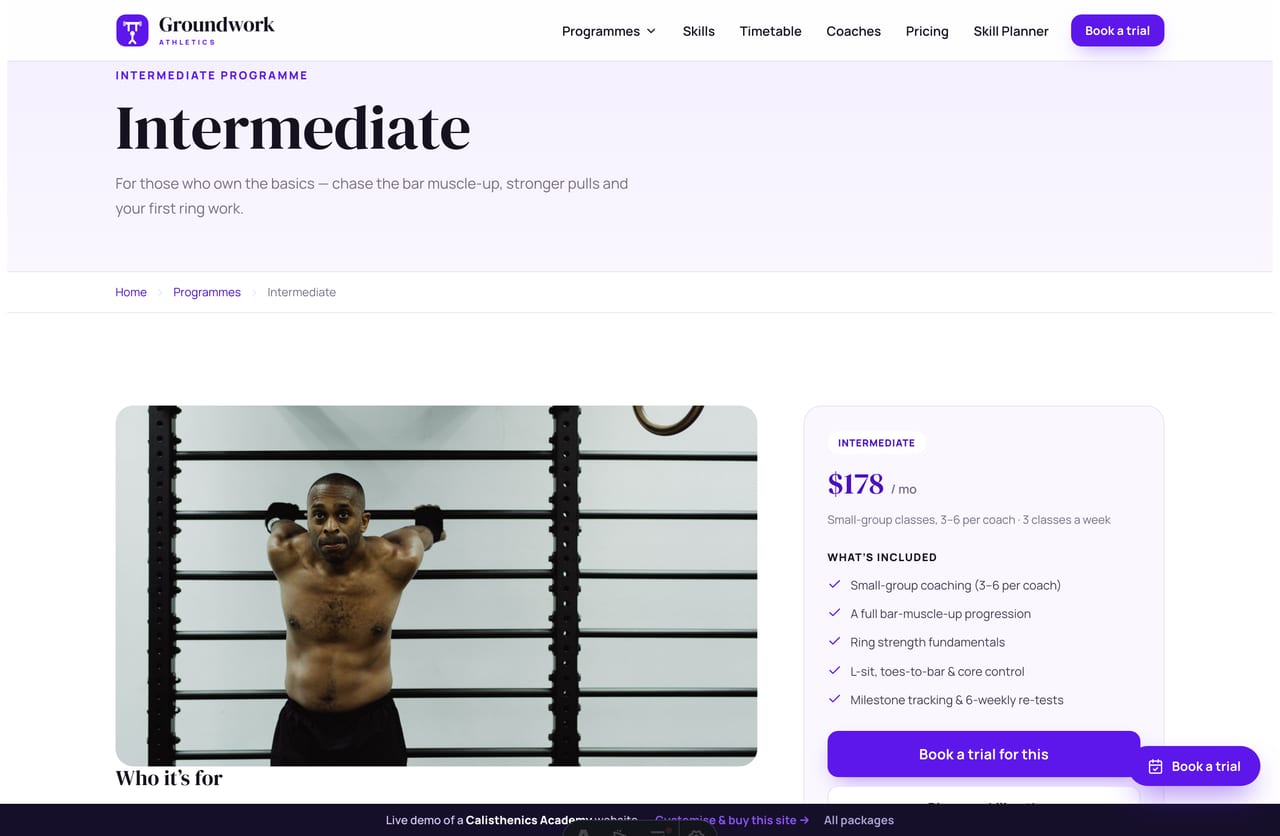 A programme detail page on the Groundwork demo — hero image, who it’s for, what you’ll train, the skills you’ll chase and a sticky booking aside