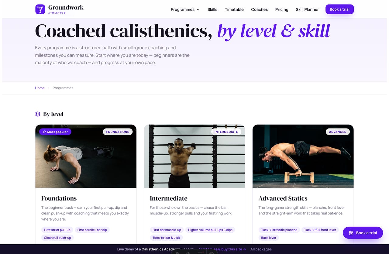 Programmes listing page on the Groundwork demo — Foundations, Intermediate, Advanced, Skills, Mobility, Kids and Private grouped by level and skill