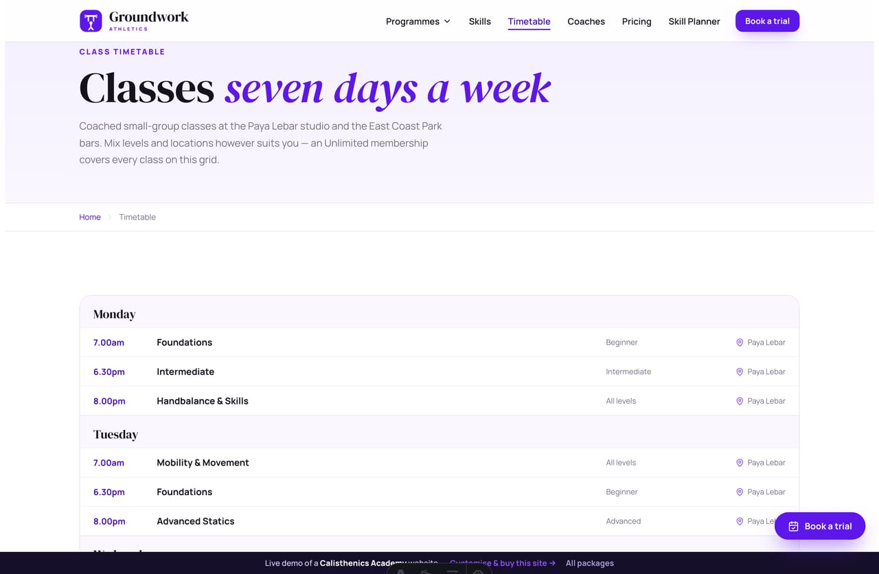 Class timetable page on the Groundwork demo — a seven-day grid of coached classes across the Paya Lebar studio and East Coast Park bars
