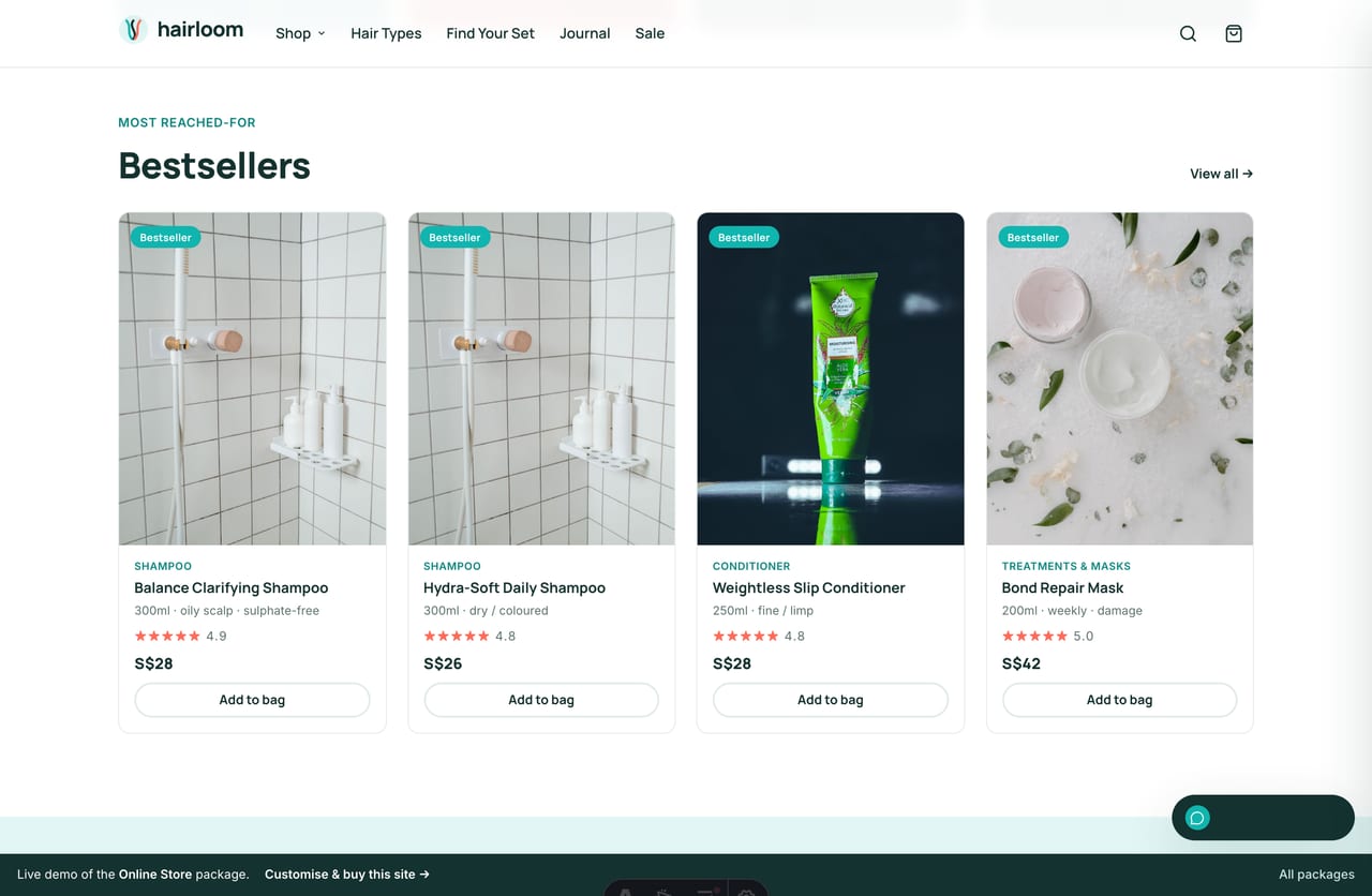 Bestseller haircare products grid on the Hairloom salon-grade haircare store