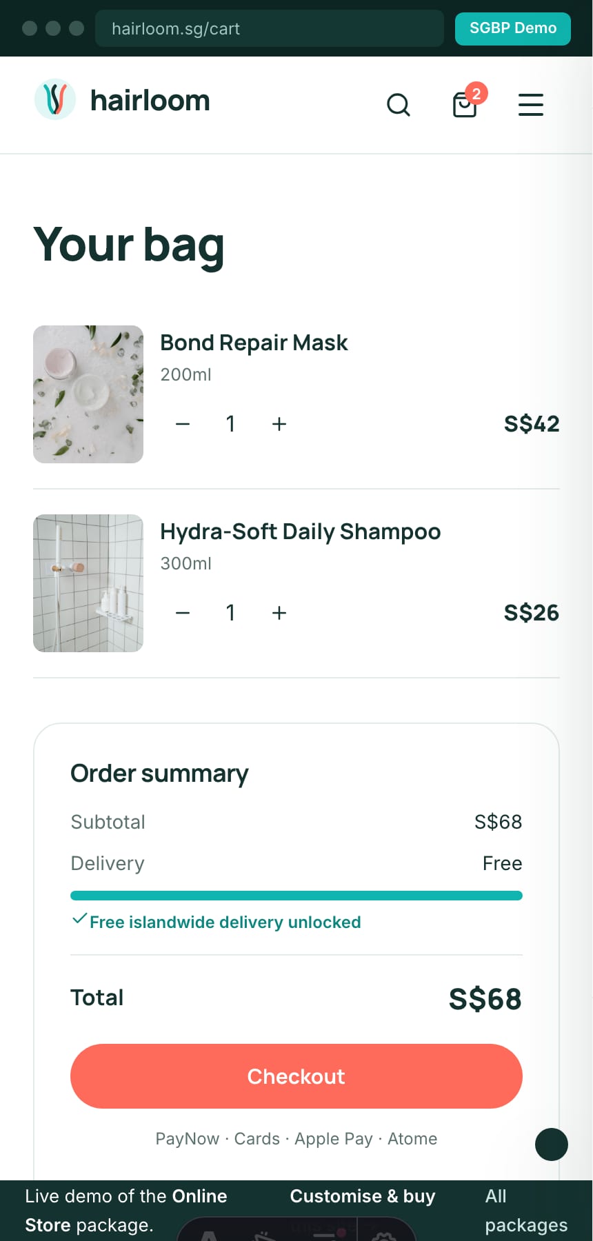 Slide-out bag with a free-islandwide-delivery progress bar on the Singapore haircare store