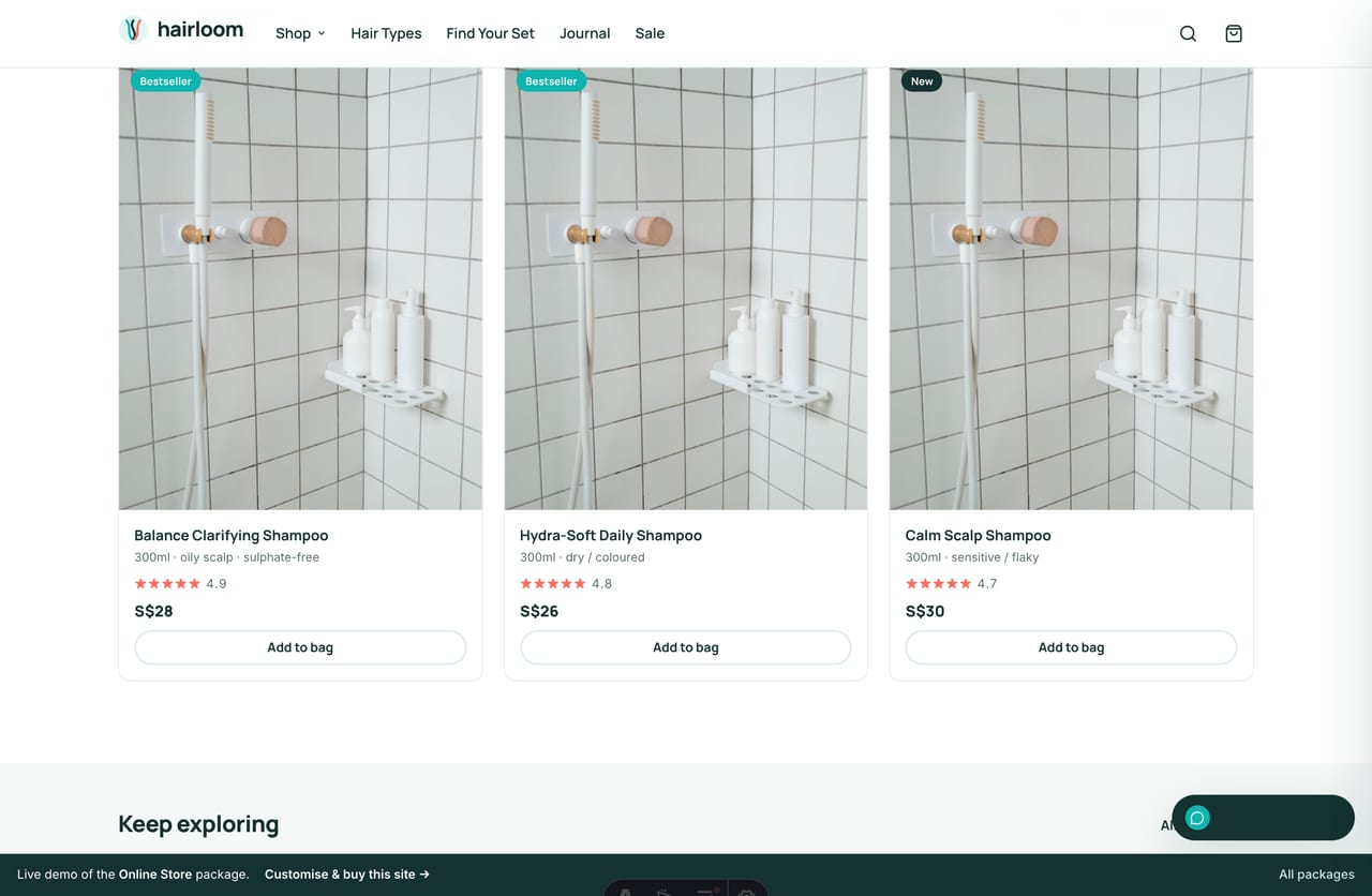 Shampoo collection page with sort on the Singapore haircare store demo