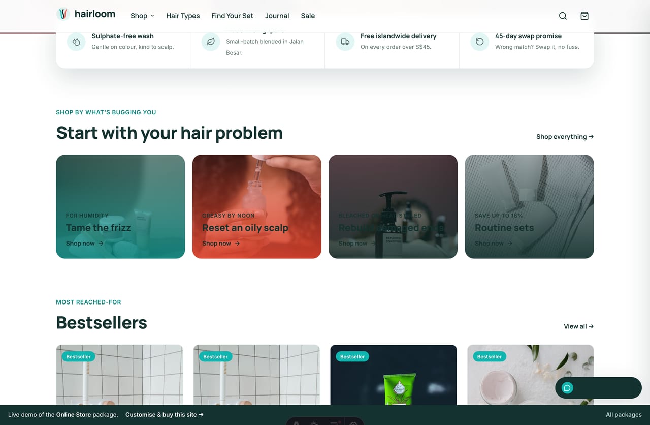 Shop-by-concern promo tiles for a Singapore haircare store — frizz, oily roots, damage and routine sets
