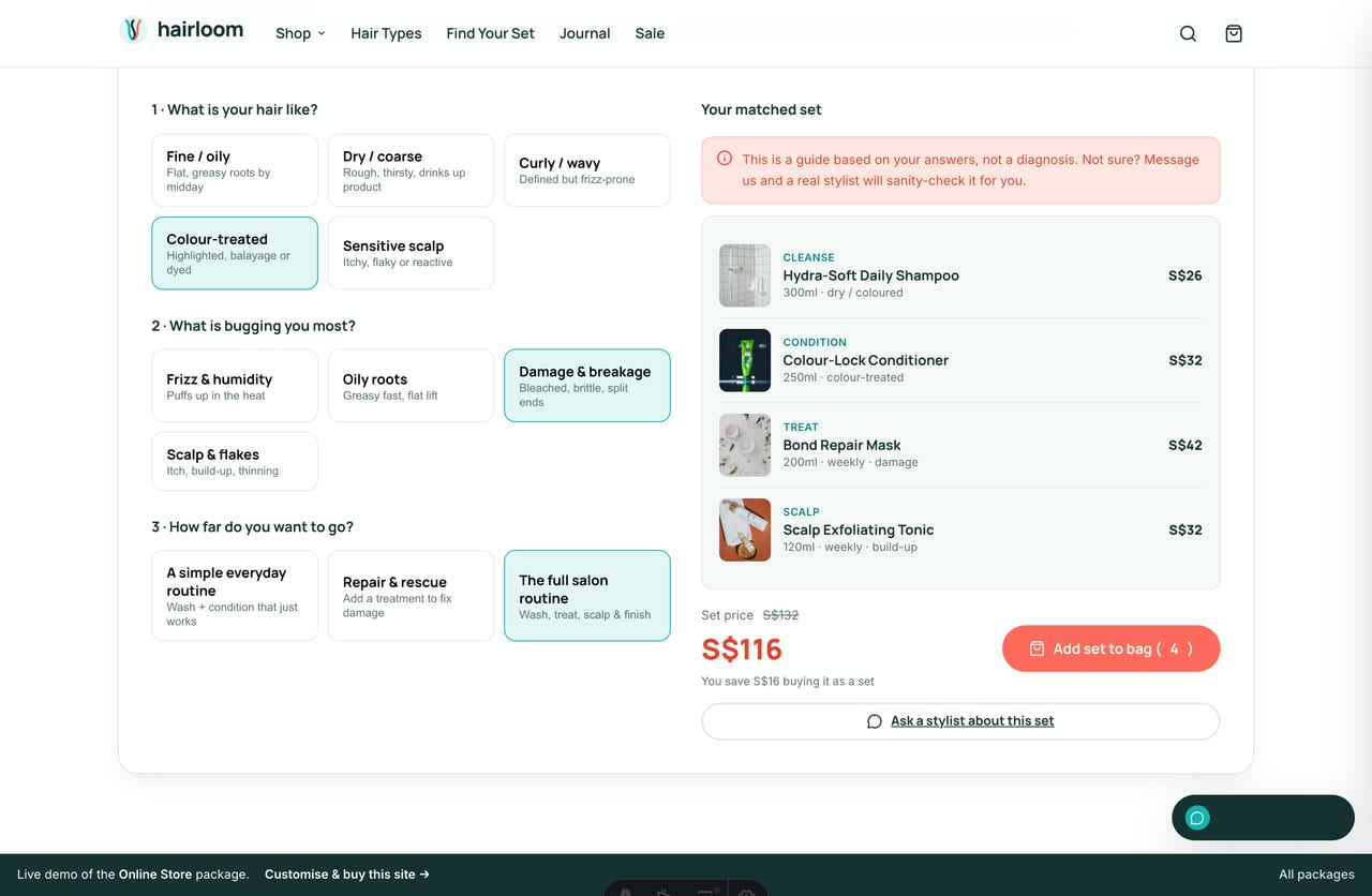 Interactive Hair Type Finder matching a haircare set on the Hairloom Singapore store