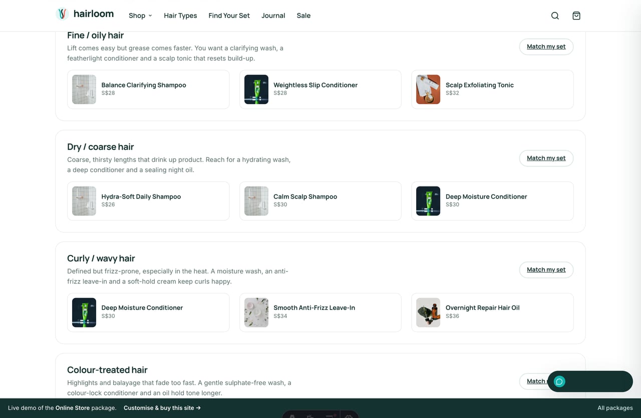 Shop-by-hair-type page on the Hairloom Singapore haircare store