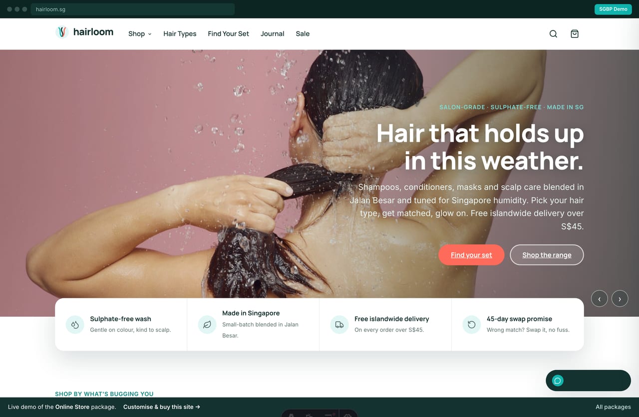 Hairloom haircare brand online store homepage demo — photo hero, sulphate-free trust strip and islandwide-delivery promise (Singapore)