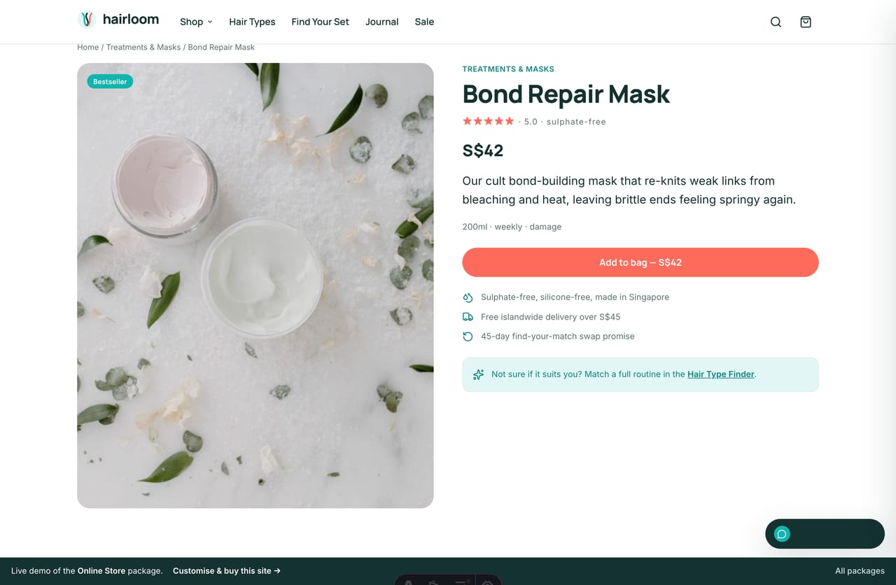 Haircare product detail page with image, size options, sulphate-free badge and add-to-bag