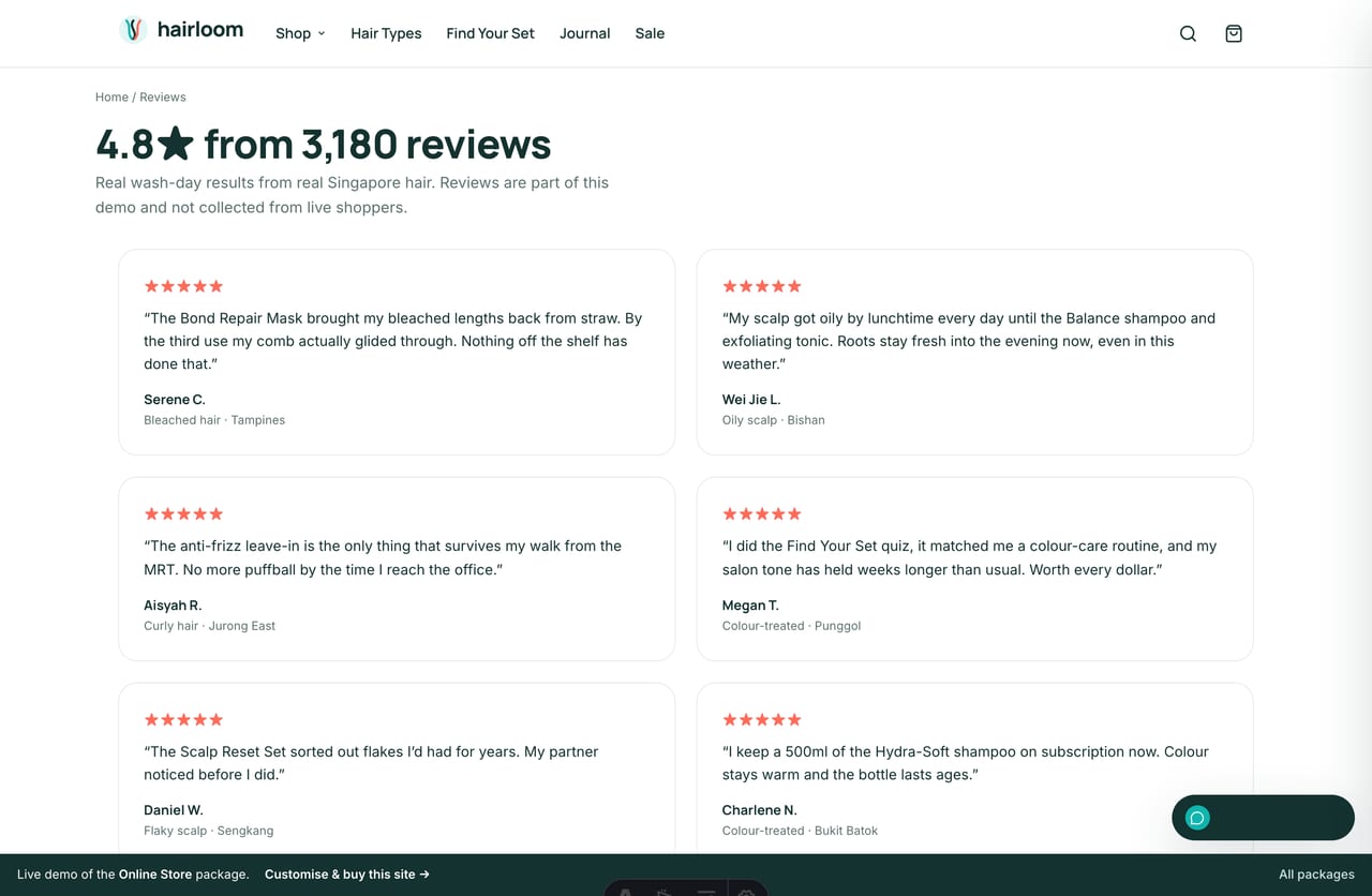 Singapore customer reviews and star ratings on the Hairloom haircare brand website
