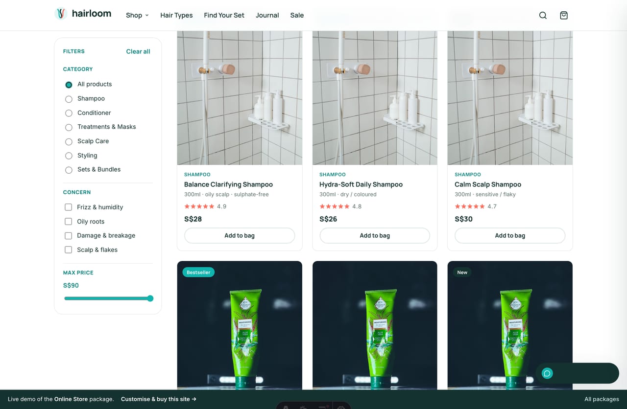 Haircare shop page with a left filter sidebar, product grid and SGD pricing