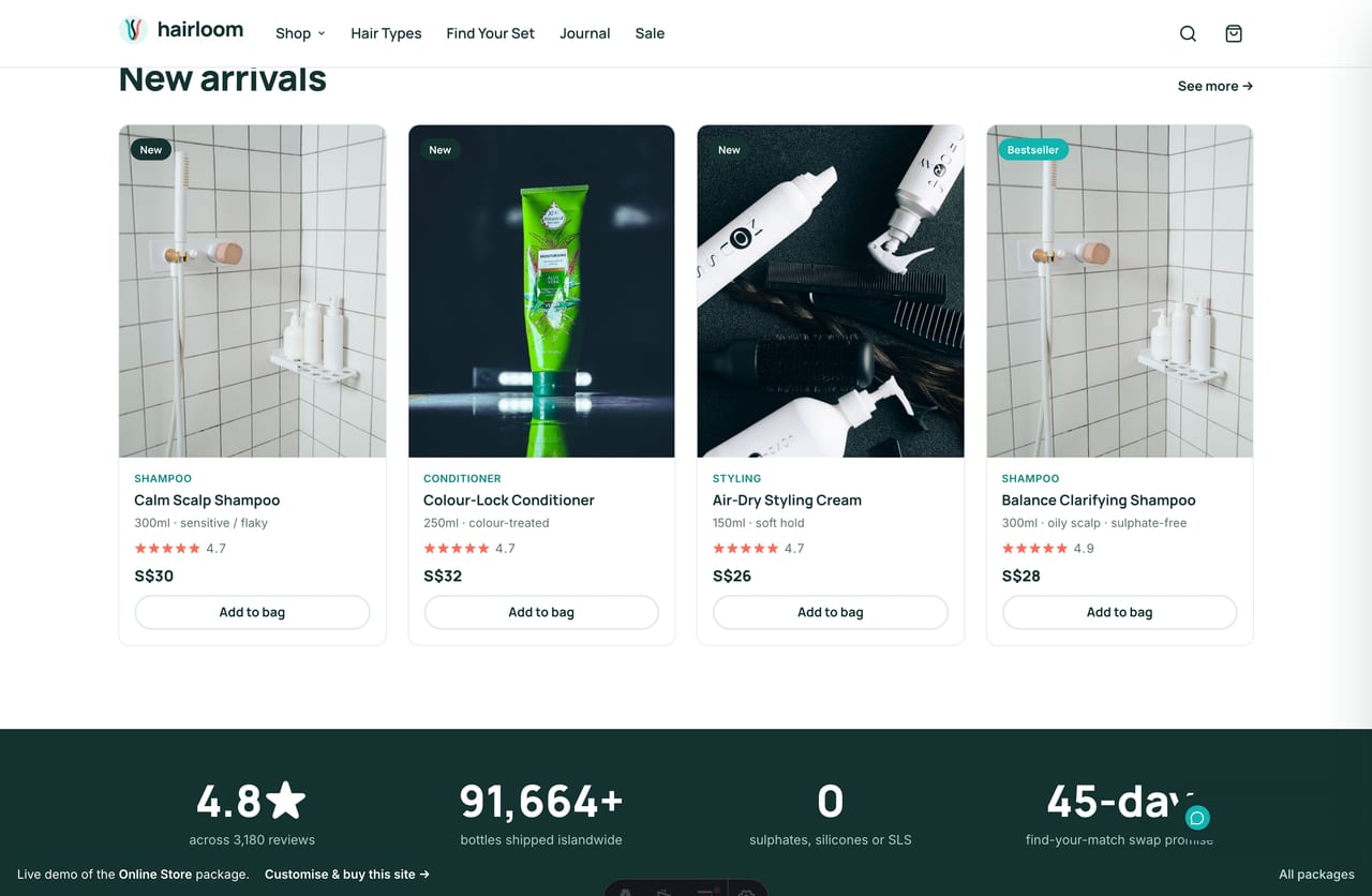 Sulphate-free, silicone-free why-Hairloom ingredients block on a Singapore haircare brand homepage