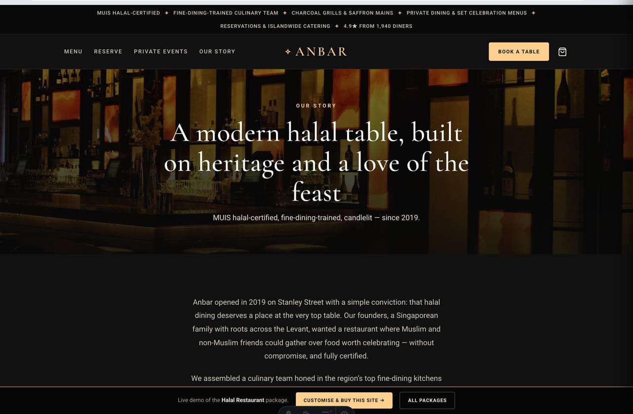 About and brand-story page for a Singapore halal fine-dining restaurant on Stanley Street