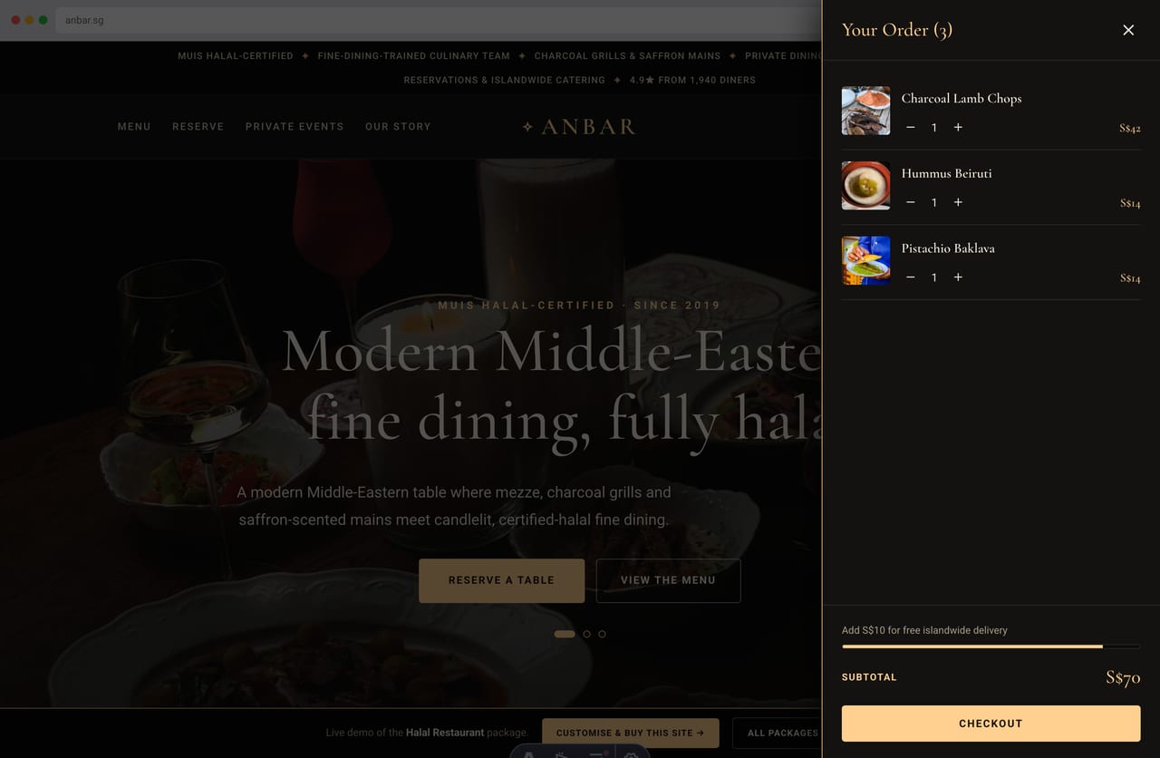 Slide-out order drawer with a free-islandwide-delivery progress bar on the Singapore restaurant site