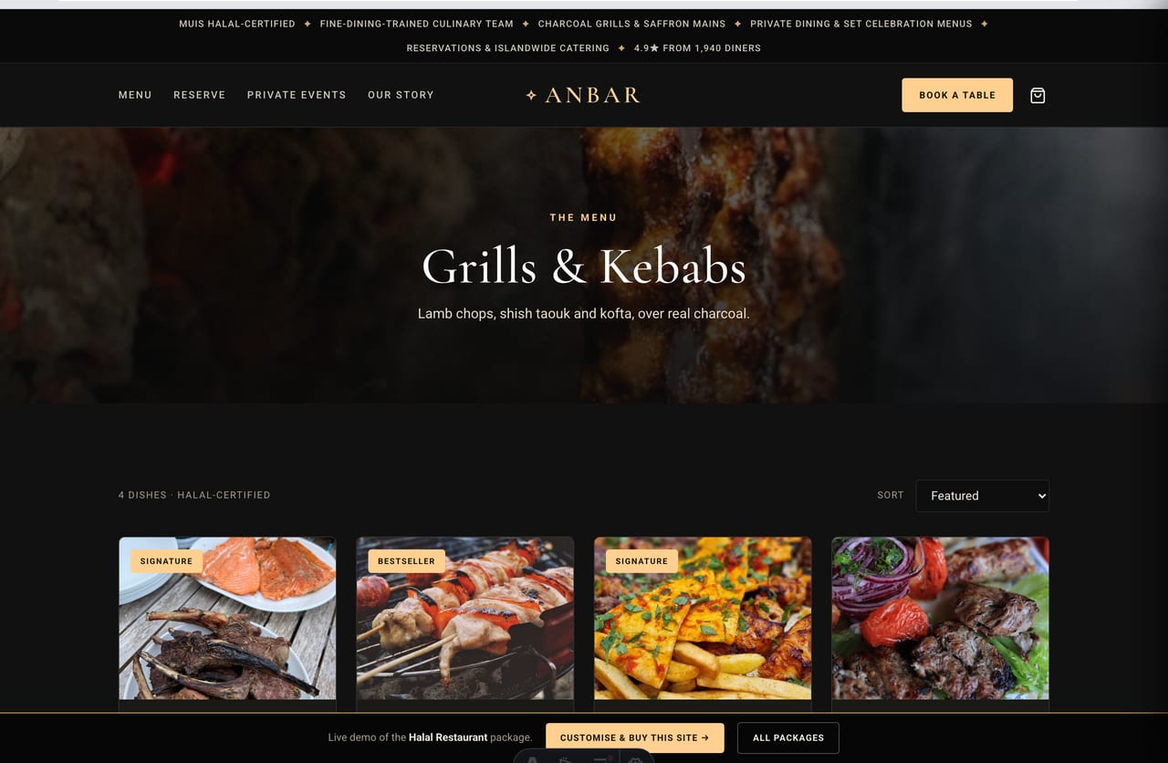 Grills & kebabs course page with sorting on the Singapore halal restaurant demo