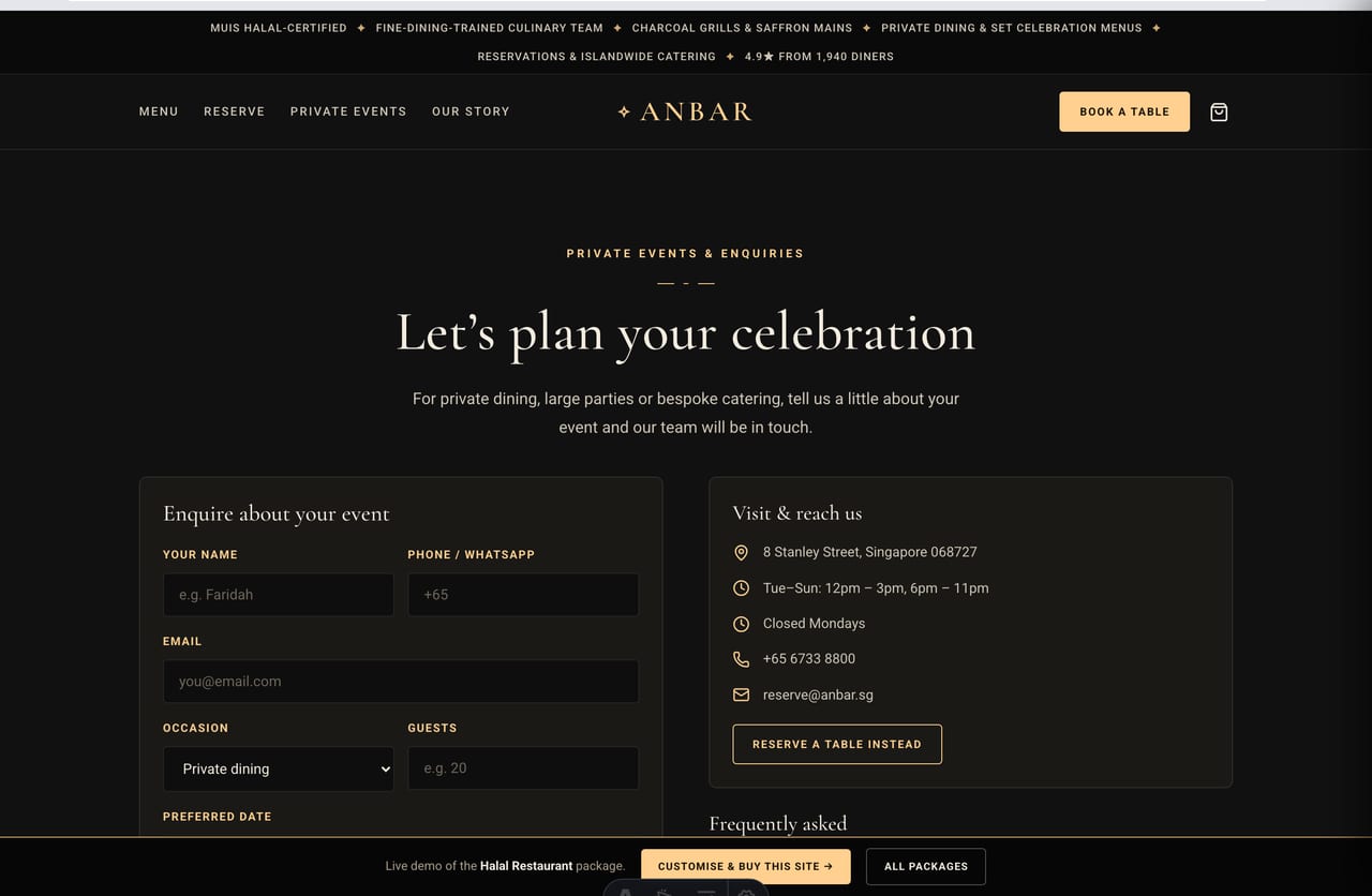 Private-events and enquiry page with date, guests and occasion fields on the restaurant demo