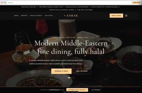 Anbar halal fine-dining restaurant website homepage demo — dark elegant hero, gold serif logo and reservation CTA (Singapore)