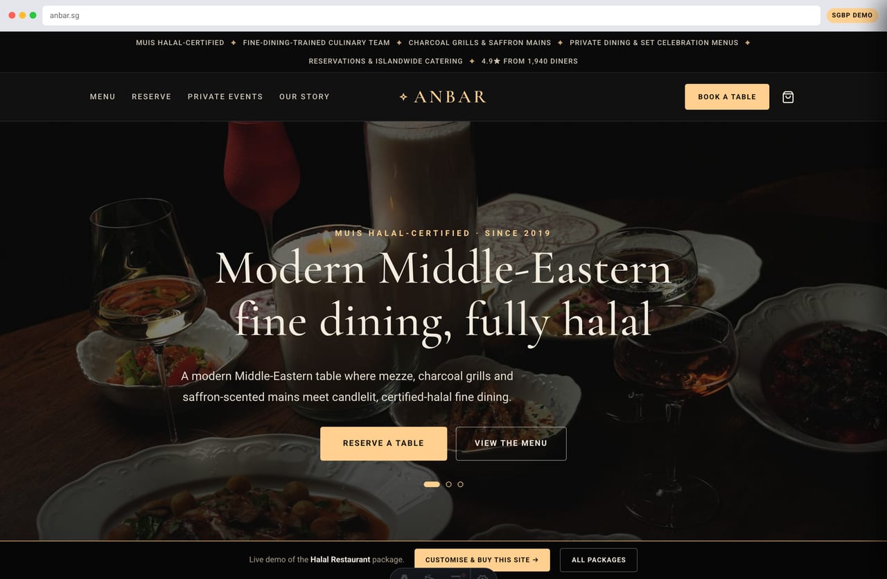 Anbar halal fine-dining restaurant website homepage demo — dark elegant hero, gold serif logo and reservation CTA (Singapore)
