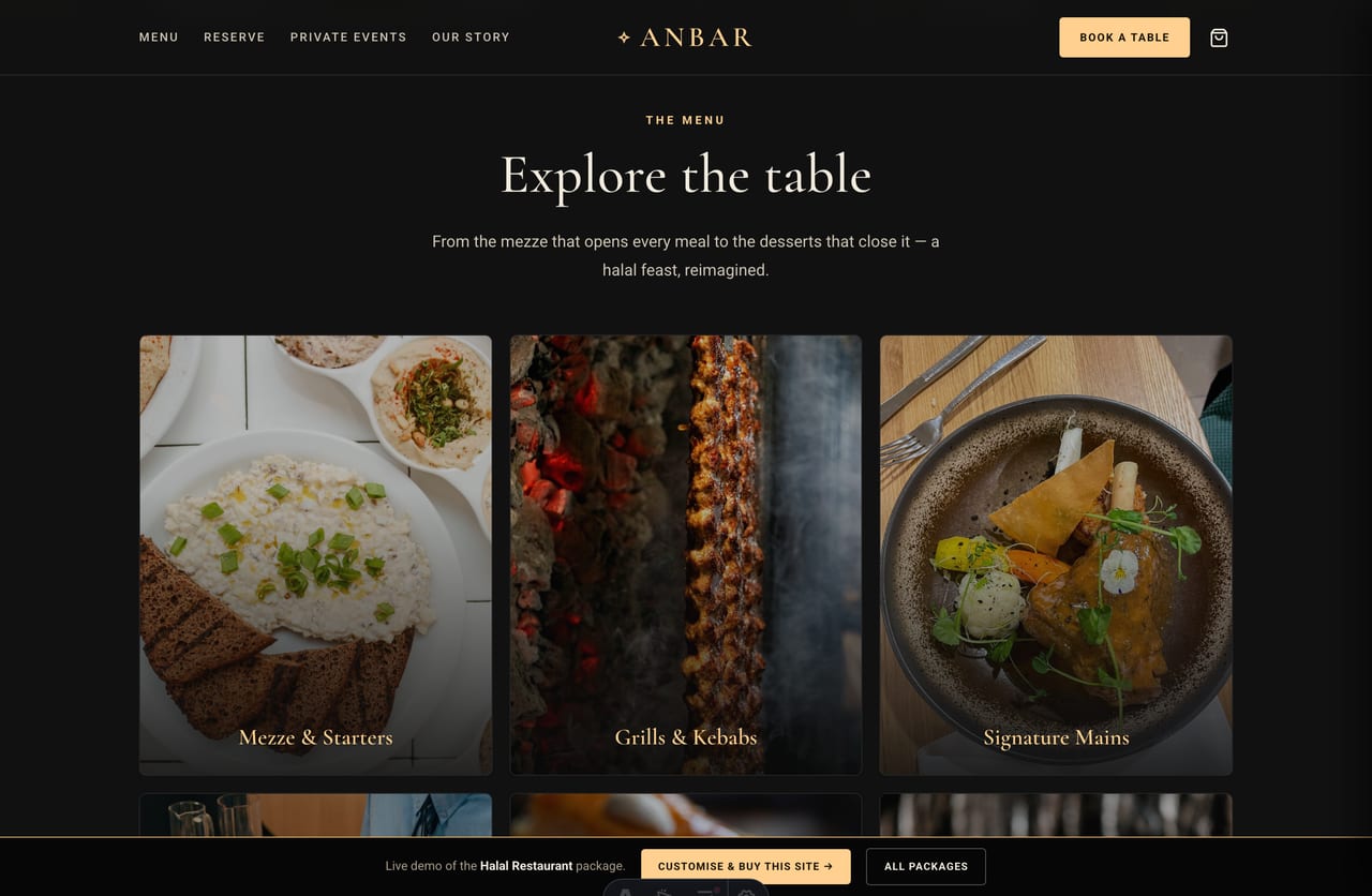 Explore-the-menu tiles for a Singapore halal restaurant — mezze, grills, mains, feast sets, desserts and drinks
