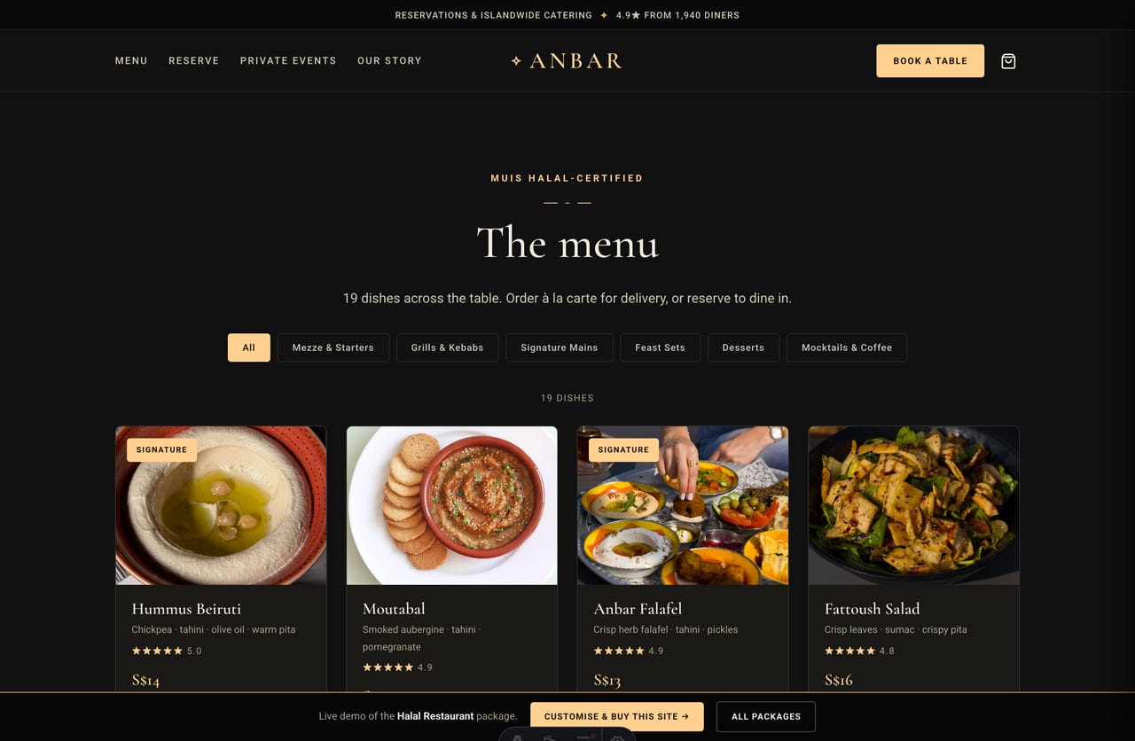 Restaurant menu page with filterable course grid, pricing and add-to-order