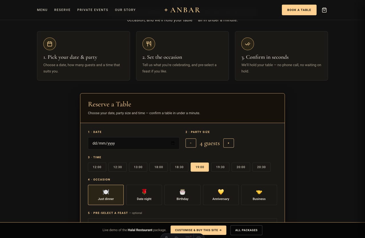 Interactive Table Reservation tool on the Anbar Singapore halal restaurant website