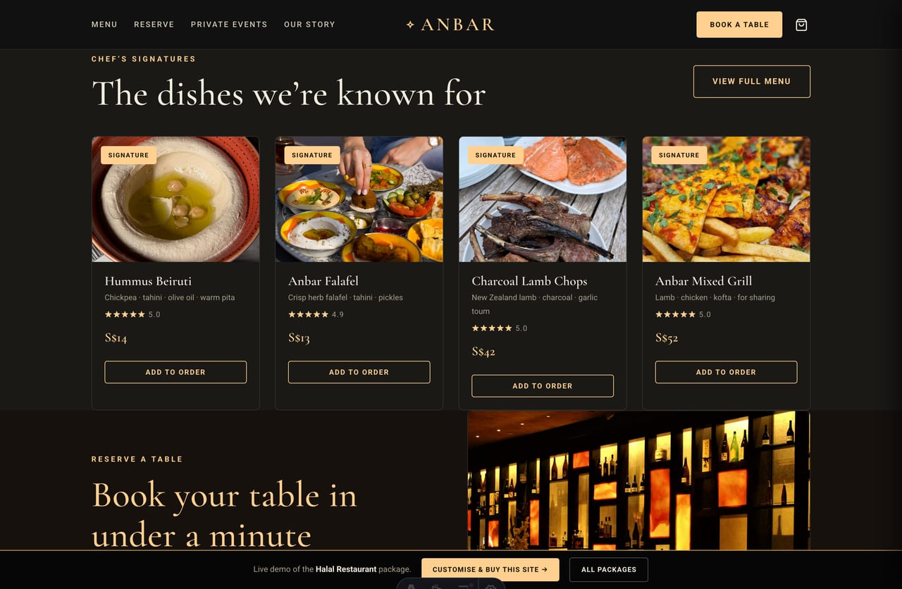Chef signature dishes grid on the Anbar halal restaurant website