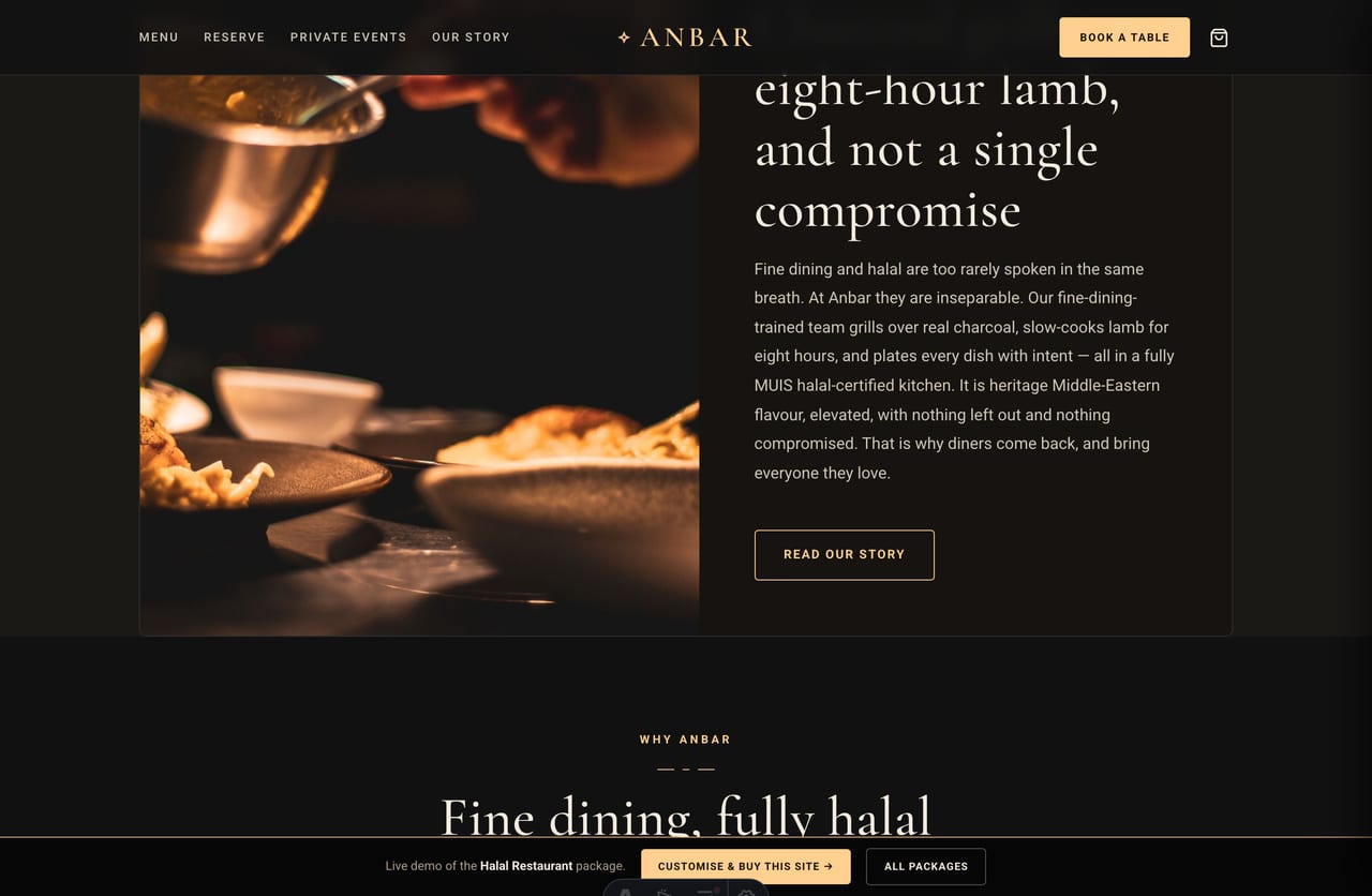 Charcoal-grilled, eight-hour-lamb, no-compromise trust block on a Singapore halal restaurant homepage