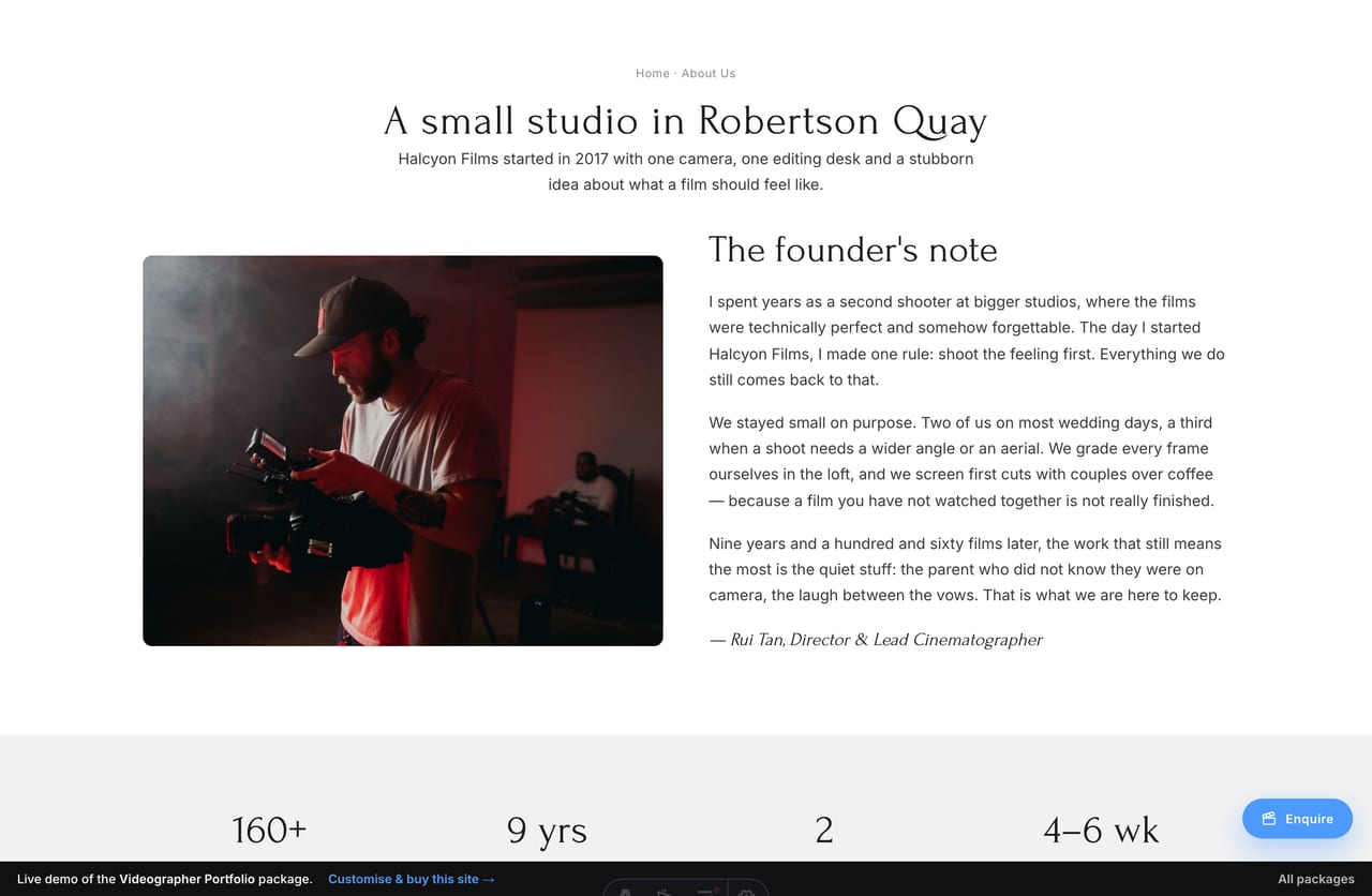 About / studio page with the filmmaker story on the Halcyon Films videographer portfolio