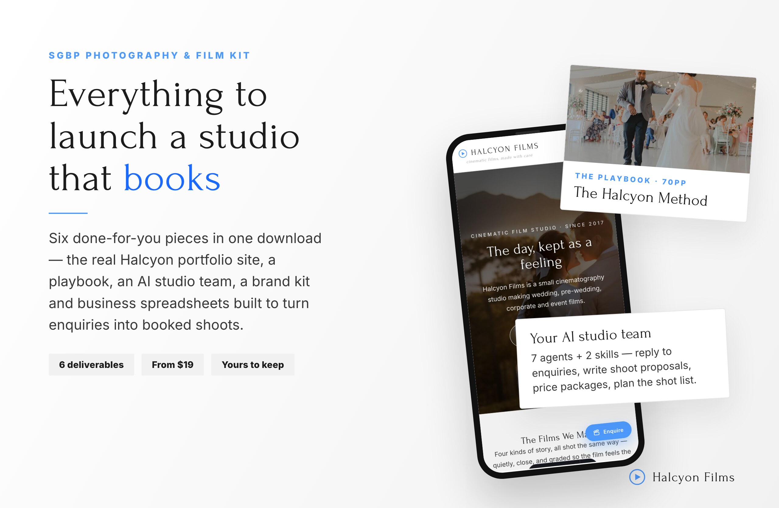 Everything in the Halcyon Method photography launch kit — book, portfolio website, AI agents, brand kit, templates and email course