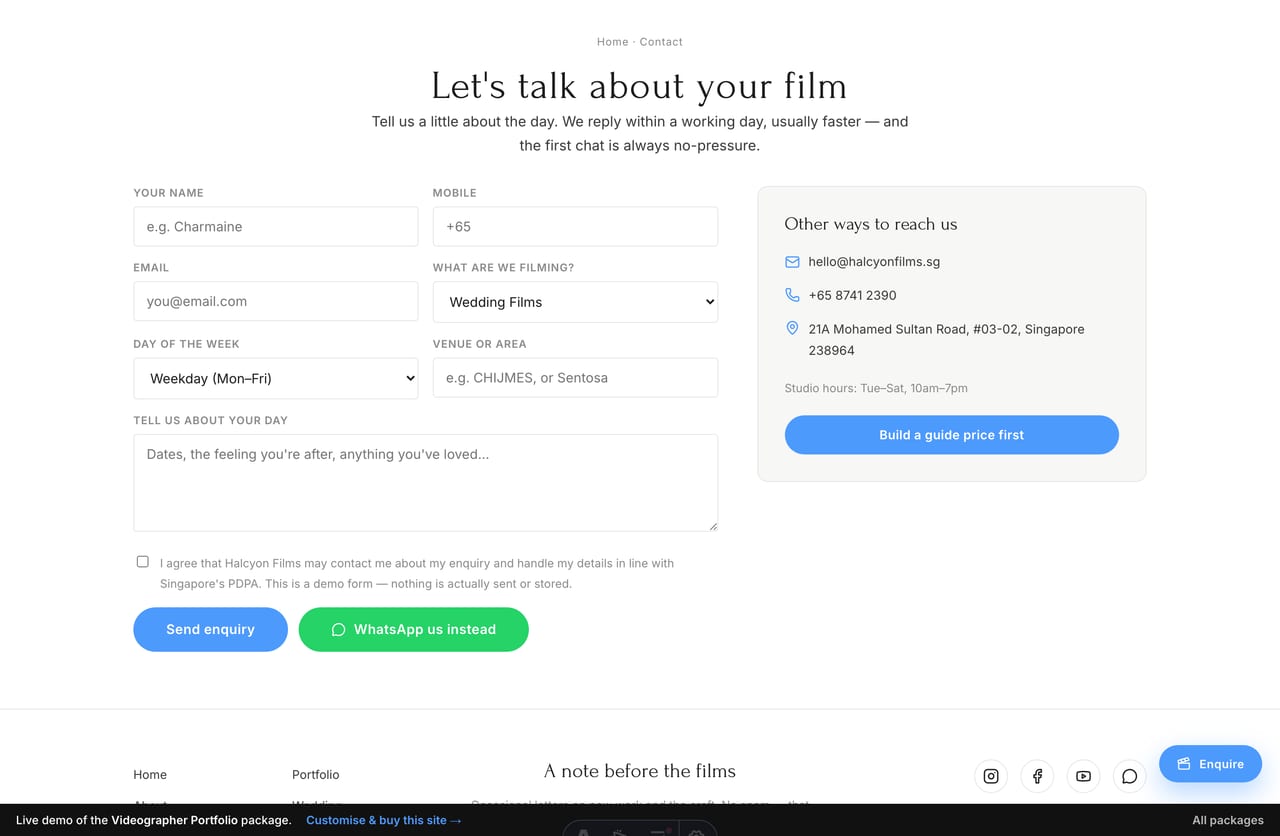 Contact and enquiry form page on a Singapore videographer portfolio website