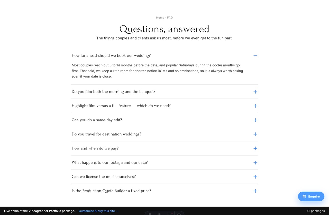 Frequently asked questions accordion on a videography portfolio website