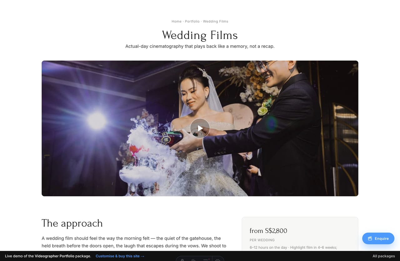 Single film page with a video-still hero and story on a videographer portfolio