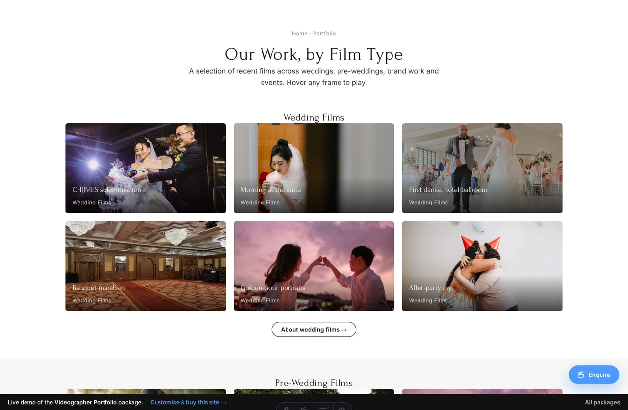 Grouped video-thumbnail galleries by film type on a Singapore videographer portfolio website