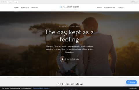 Halcyon Films videographer portfolio homepage demo — full-bleed cinematic film-still hero and grouped video-thumbnail galleries (Singapore)