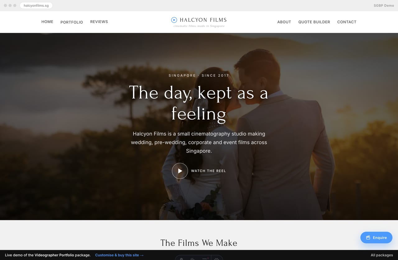 Halcyon Films videographer portfolio homepage demo — full-bleed cinematic film-still hero and grouped video-thumbnail galleries (Singapore)