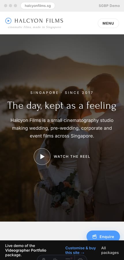Mobile view of the Halcyon Films videographer portfolio with full-bleed film stills