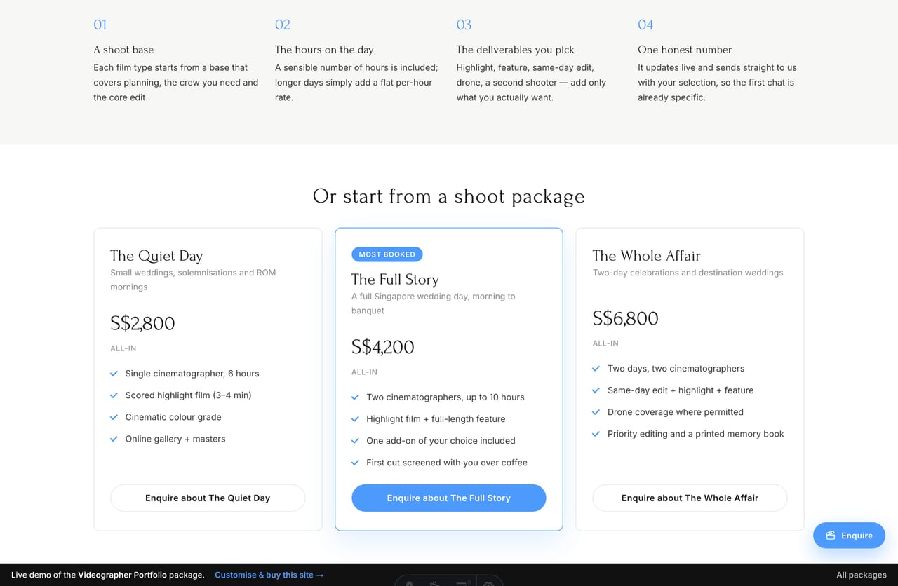 Shoot package cards on a Singapore wedding videography portfolio website