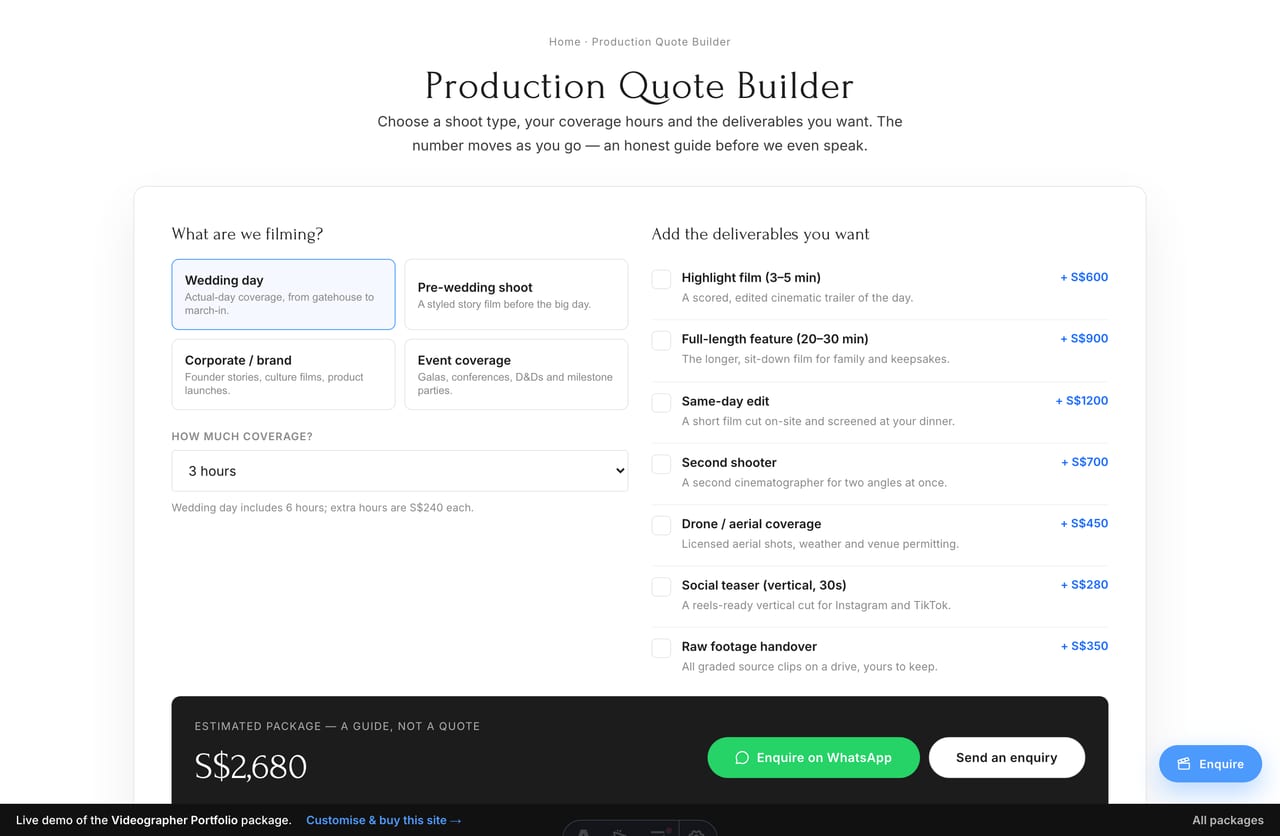 Production Quote Builder configurator on a Singapore videography website