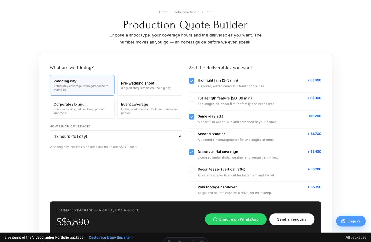 Live computed SGD package price on the Production Quote Builder for a videography studio