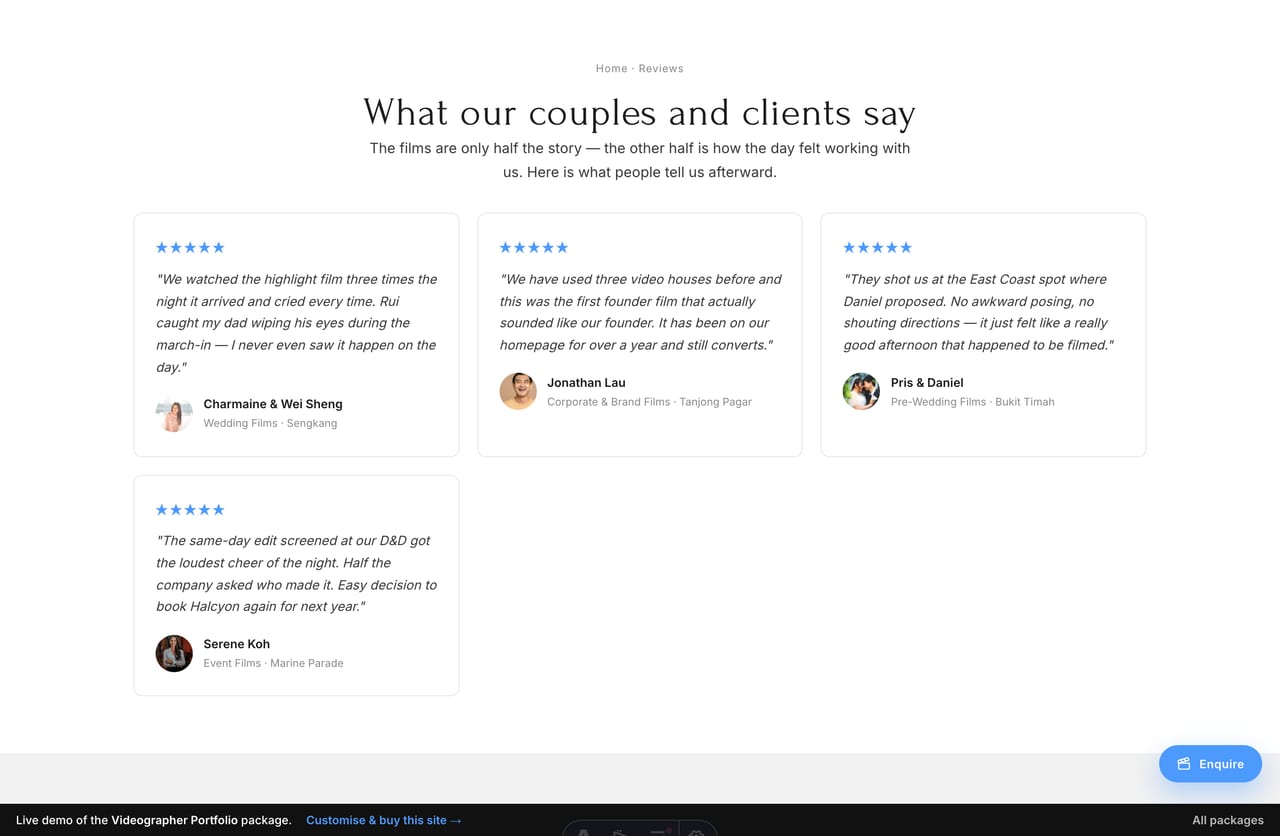 Couple and client reviews page on a Singapore videographer portfolio website