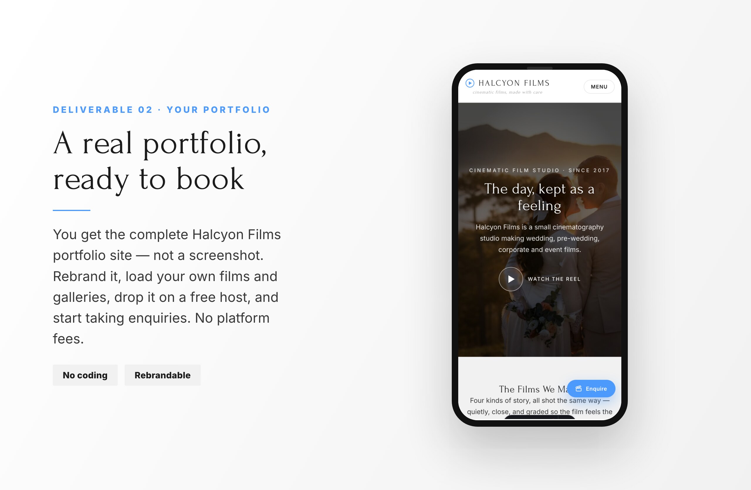 The included photography portfolio website homepage shown on a phone
