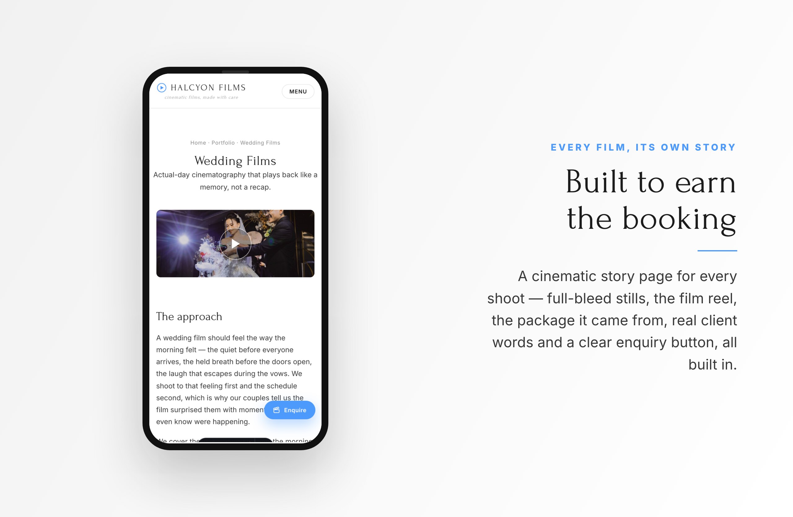A single film / shoot story page from the included portfolio website shown on a phone
