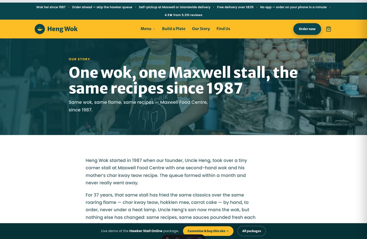 About and brand-story page for a Singapore hawker stall at Maxwell Food Centre since 1987