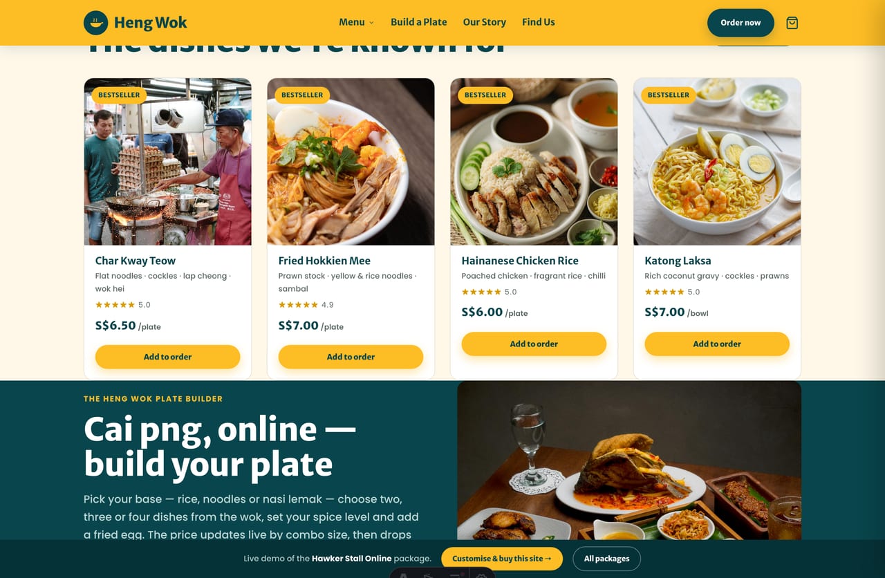 Bestselling hawker dishes grid on the Heng Wok ordering website