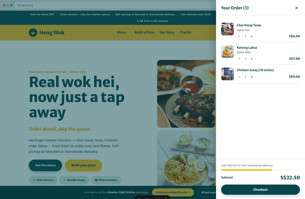 Slide-out order drawer with a free-islandwide-delivery progress bar on the Singapore hawker site