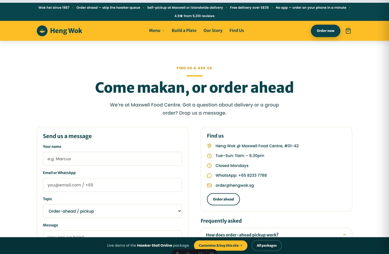 Find-us and FAQ page with Maxwell location and a message form on the hawker demo